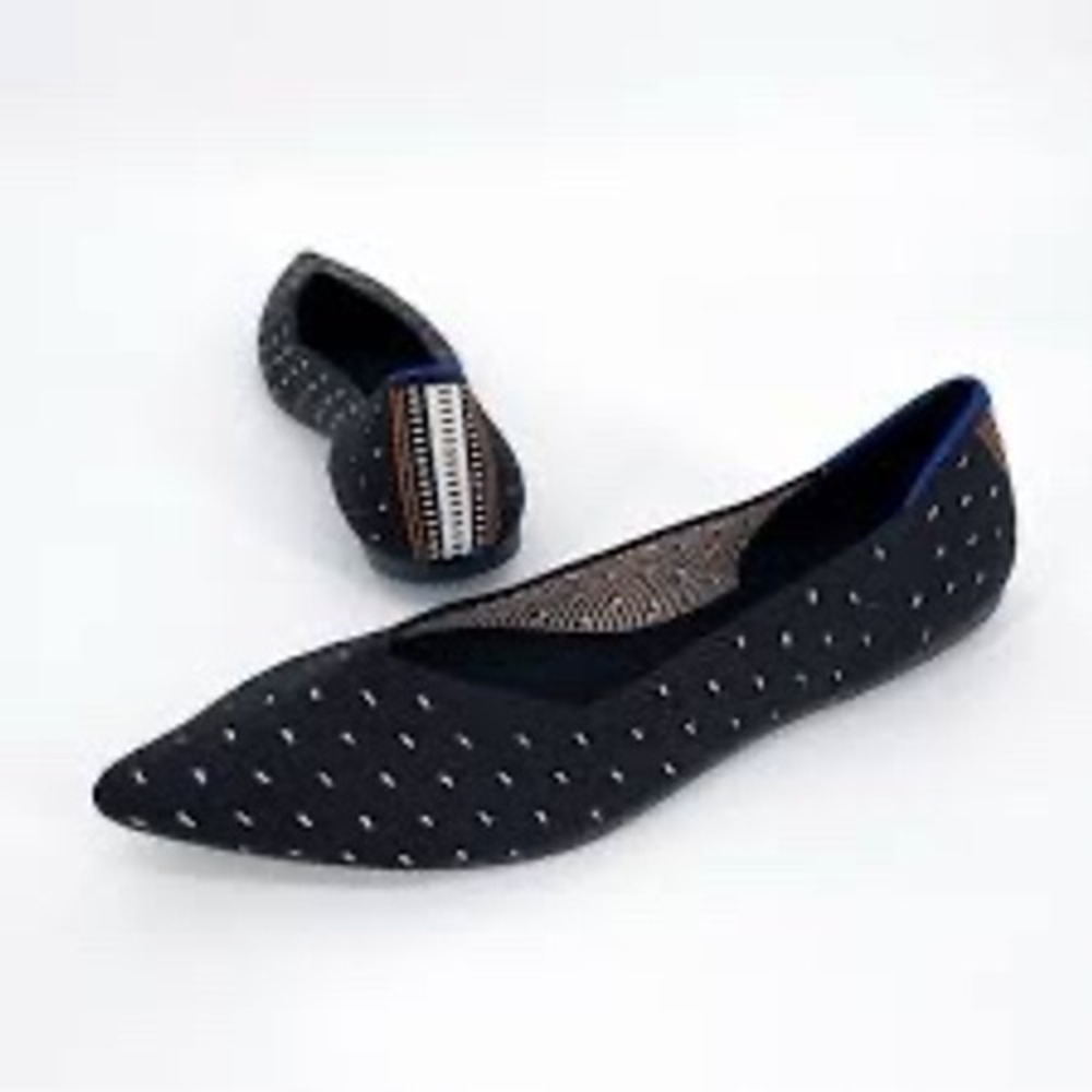 Rothys The Point Black White Micro Dot Pointed Toe Flats 9.5 Stripe Heel‎ EUC